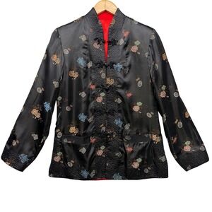 Vintage Reversible Satin Quilted Jacket Black Floral Red Damask Frog Closure